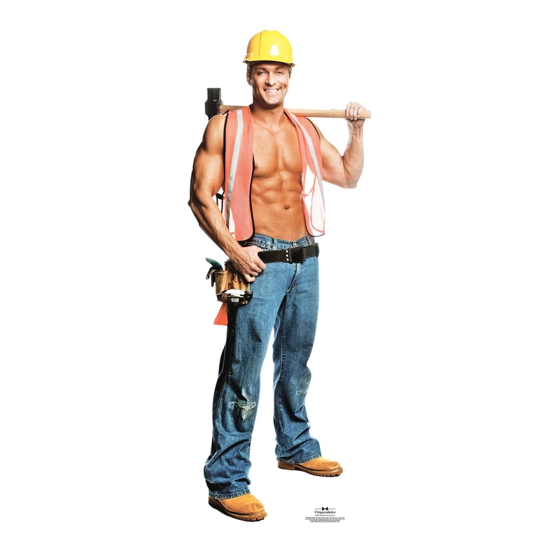 STAR CUTOUTS SC529 Chippendales Construction Worker Lifesize Cardboard Cutout,Blue,Yellow,Brown,Pink, Black