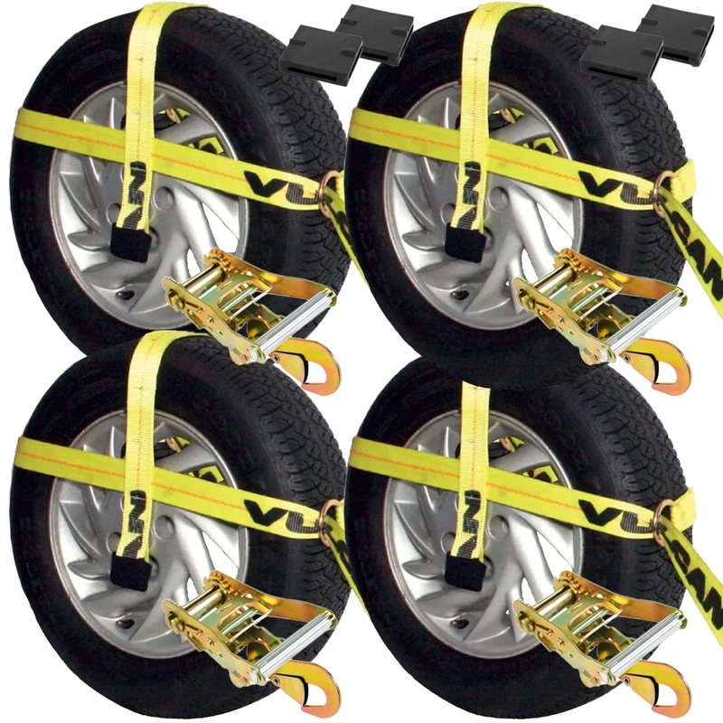 VULCAN Car Tie Down Kit - Adjustable Loop - Snap Hooks - Classic Yellow - Complete Kit Includes 4 Straps and 4 Ratchets