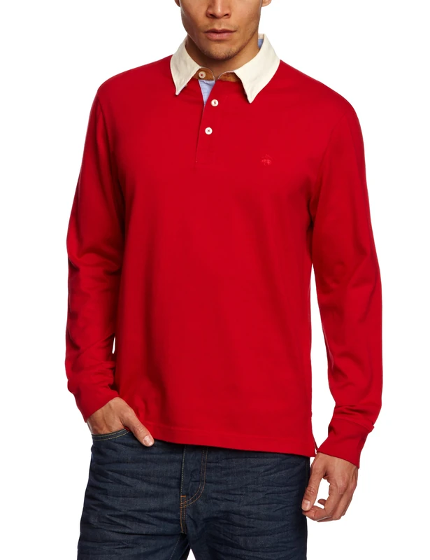 Brooks Brothers Long Sleeve Solid Woven Collar Polo Men's Top Red Large