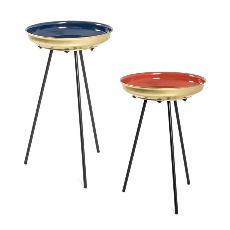 HAKU Set of 2 End Tables Blue, Gold, Coral, Black, Metal - Dim.: H 56/66 cm X Ø 38/38 cm, Style: Art Deco