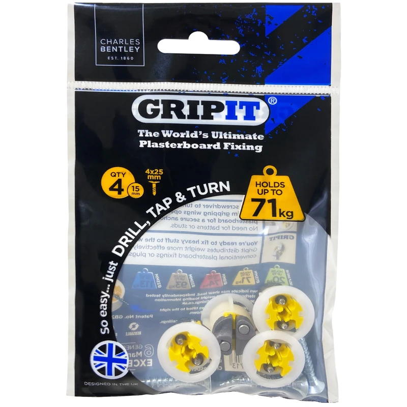 Gripit Yellow Plasterboard Fixings - Pack of 4 - Heavy Duty Plasterboard Fixings for Drywall & Stud Walls, Holds Up to 71kg - Ideal for Blinds, Curtains, Mirrors & Frames - Easy Install & UK Designed
