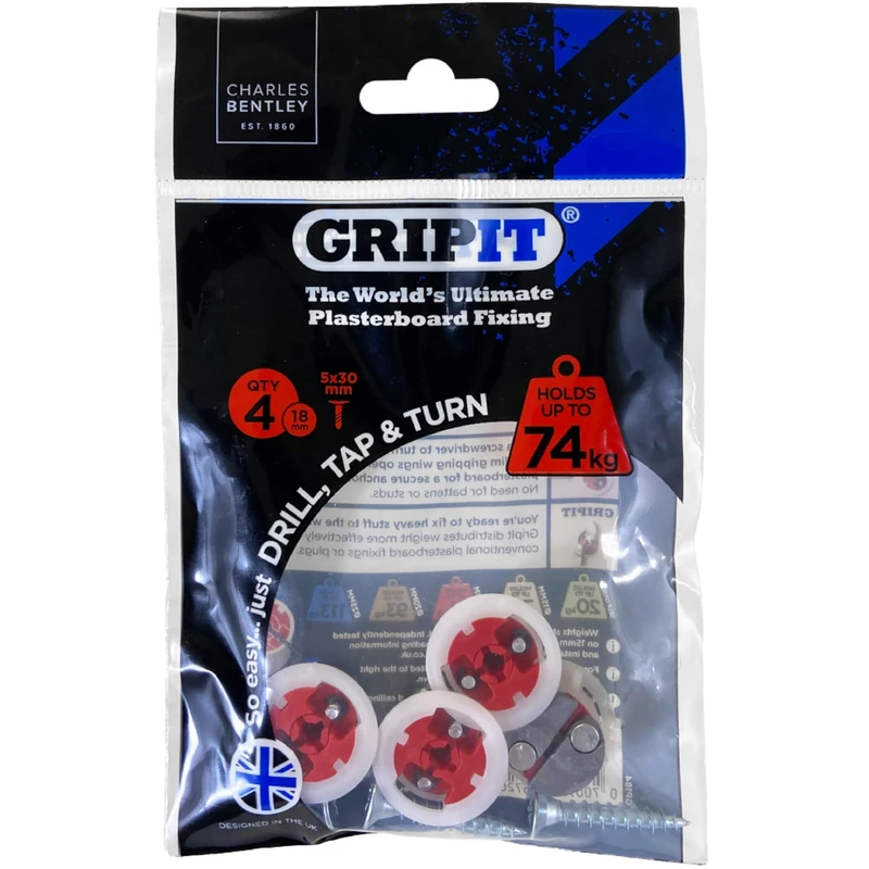 Gripit Red Plasterboard Fixings - Heavy Duty Plasterboard Fixings for Drywall & Stud Walls, Holds Up to 74kg - Ideal for Shelves, Shower Units and Speakers - Easy Install & UK Designed (4 Pack)