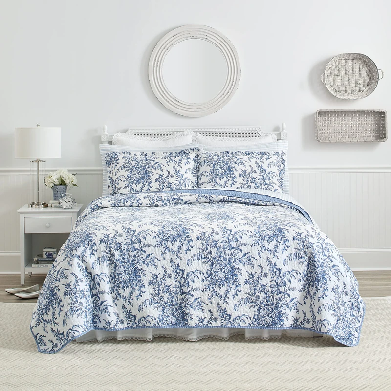 Laura Ashley Reversible Cotton Bedding with Matching Sham, Lightweight Home Decor for All Seasons, Polyester, Bedford Delft Blue, Twin