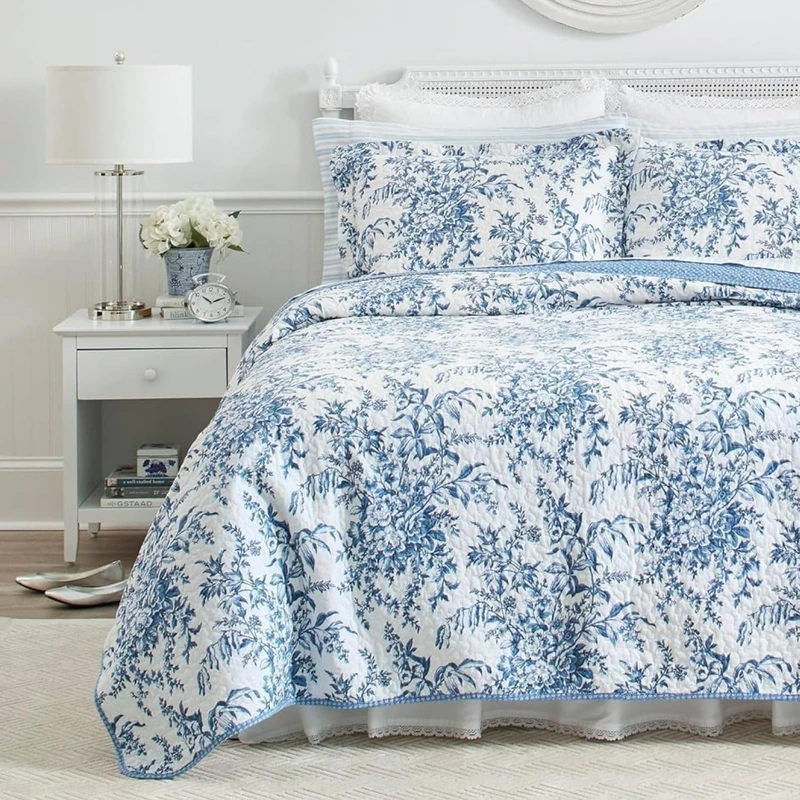 Laura Ashley Reversible Cotton Bedding with Matching Shams, Lightweight Home Decor for All Seasons, Bedford Delft Blue, King