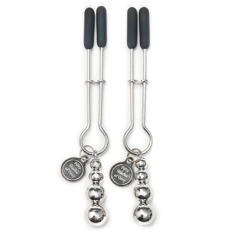 Fifty Shades of Grey The Pinch Nipple Clamps - Adjustable Weight Metal Nipple Clamps for Sex Play - Silicone Coated Clip - Includes Satin Bag - Silver - Image 1