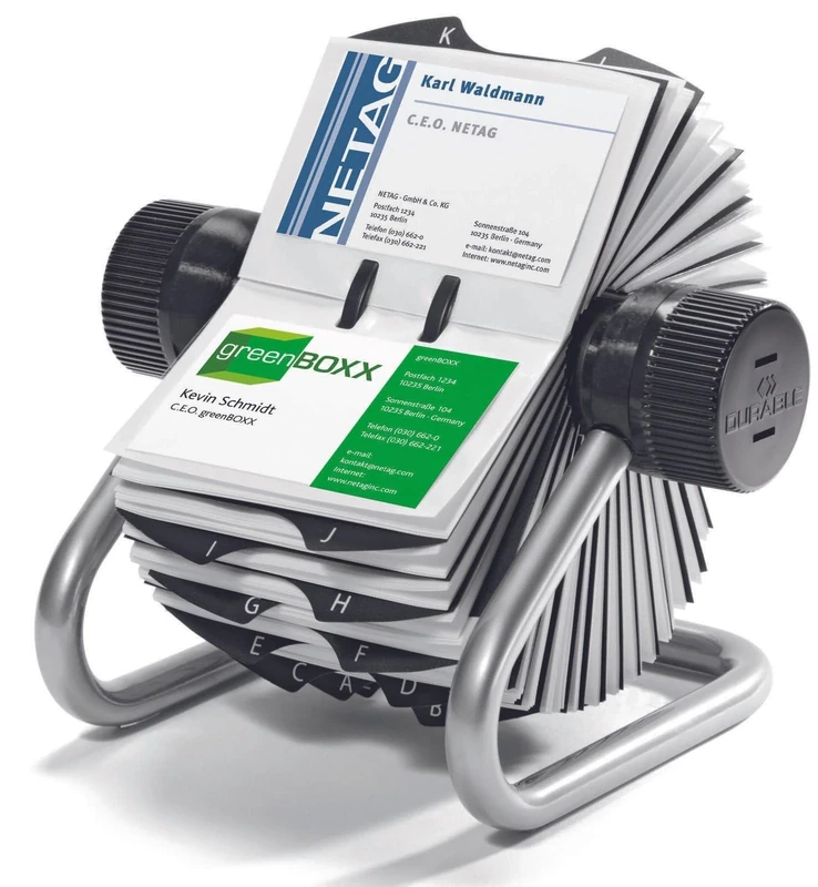 Durable Visifix Rotary Business Card Holder - Holds up to 400 Cards - Includes 25 Tab A-Z Index - Made from Metal - Silver