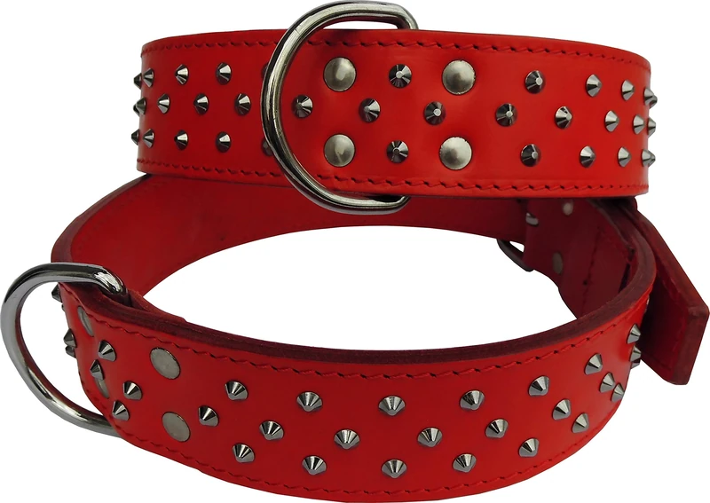 Dingo Predatory Dog Collar from Double Stapled Leather, Lined, Elegant Decorated with Studs, Red 12118