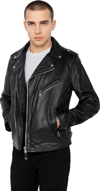 Schott NYC Men's Biker Leather Long Sleeve Jacket, Black, Small