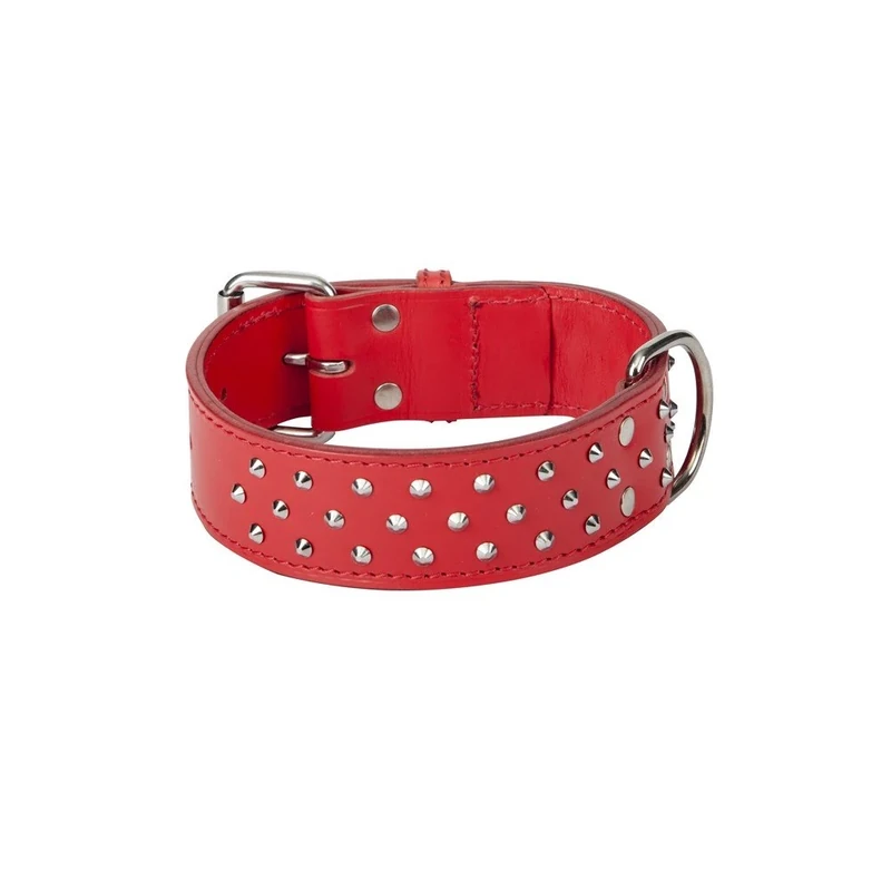 Dingo Predatory Dog Collar from Double Stapled Leather, Lined, Elegant Decorated with Studs, Red 12109