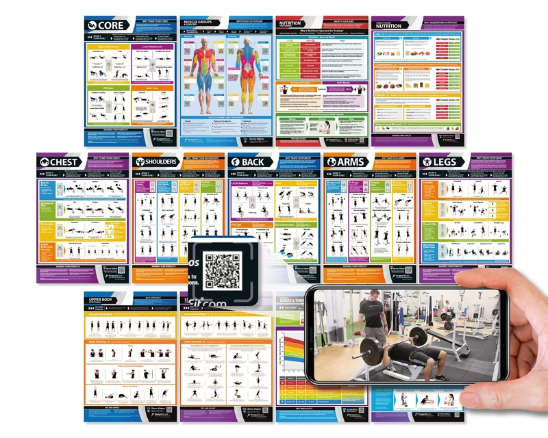 Posterfit Muscle Building, Exercises & Body Conditioning, Fitness Posters - Set of 13 - Laminated - LARGE FORMAT - 841mm - 594mm (A1) - Gym Workout Charts - Video tutorials