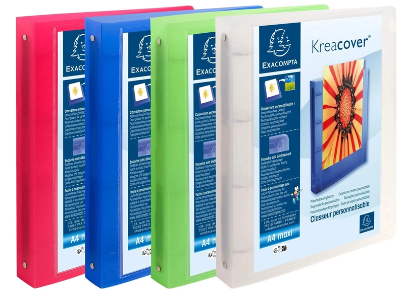 Exacompta - Ref 51869E- Kreacover Collection - Chromaline PP Rigid Cover Ring Binder - Suitable for A4+ Documents, 4 Rings, 40mm Spine - Assorted Colours (Pack of 12)