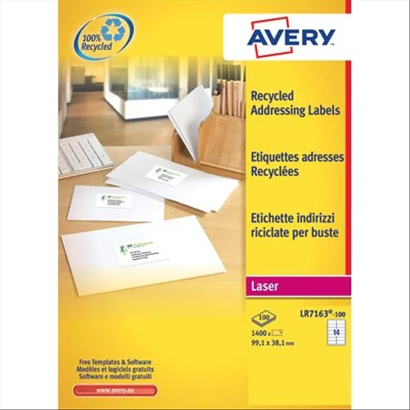 Avery LR7168-100 Quickpeel Recycled Labels, 2 Pieces per Sheet, 100 Sheets, 199.6 x 143.5, White