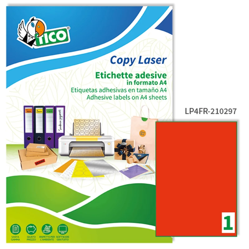 Tico Italia LP4FR-210297 Neon Red Adhesive Labels, 70 Sheets A4, Rectangular 210x297mm, 1 Labels Per Sheet, Permanent Adhesive, Laser and Inkjet Printers
