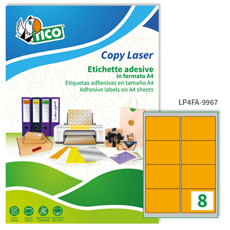 Tico Italia LP4FA-9967 Neon Orange Adhesive Labels, 70 Sheets A4, Rectangular 99.1x67.7mm, 8 Labels Per Sheet, Permanent Adhesive, Laser and Inkjet Printers