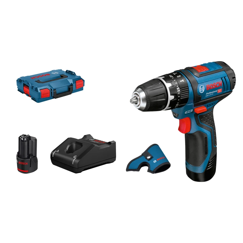 Bosch Professional 12V System GSB 12V-15 Cordless Combi Drill (Incl. 2X 2.0 Ah Rechargeable Battery, GAL 12V-40 Quick Charger, Holster, in L-BoxX)