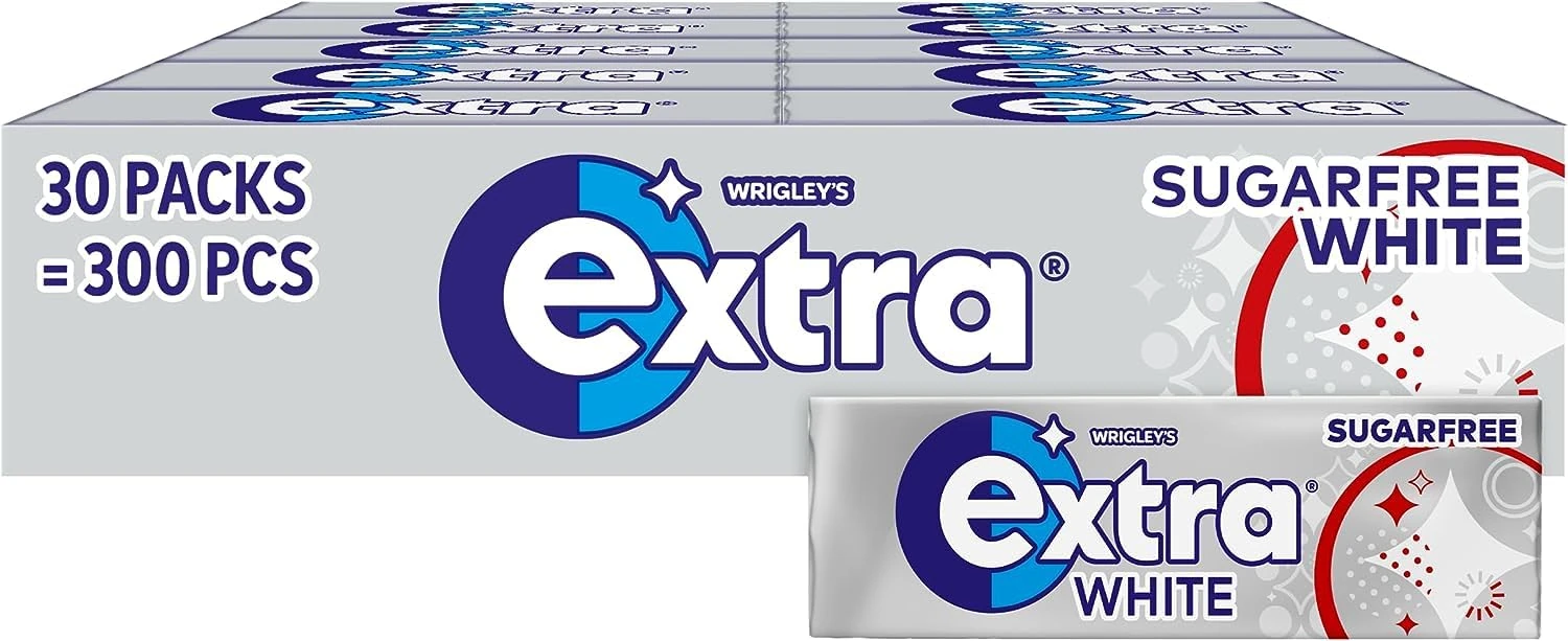 Wrigley's Extra White Chewing Gum, Peppermint Flavour, 30 Packs of 10 Pieces, Sugar Free Bulk Pack Gum with Xylitol (300 pieces)-Packaging may vary