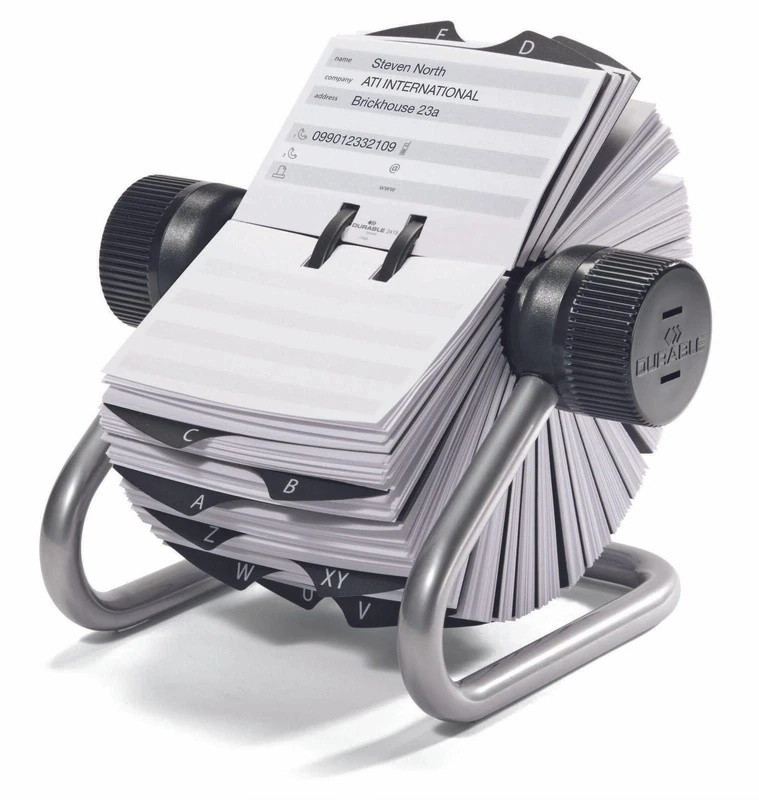 Durable Telinfex Rotary Address Card Holder | Includes 500 Cards | Includes 25 Tab A-Z Index | Made from Metal | Silver