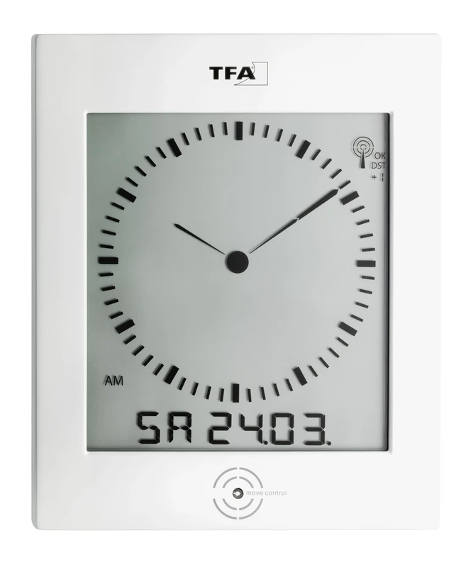 TFA Dostmann 604506 Dialog Radio-Controlled Wall Clock, with Room Climate, with Date and Day of the Week, White/Silver, 60.4506, Plastic, L 220 x W 34 x H 265 mm
