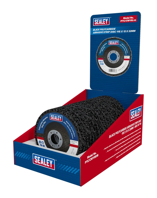 Sealey Polycarbide Abrasive Strip Disc Black Ø115 x 13mm - Display box of 10 Ø22mm Bore - PTC/CW115DB