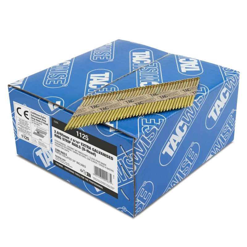 Tacwise 1125 Extra Galvanised Framing Nails 2.8 / 65 mm, D Head, Ring Shank, 34° Inclined, Paper Collated, Pack of 3300