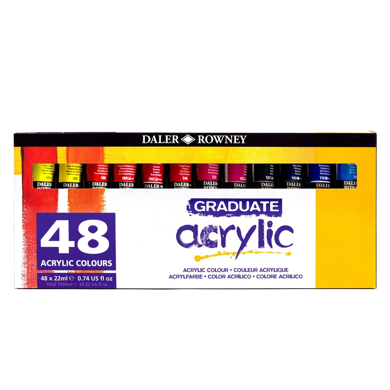 Daler-Rowney Graduate 22ml Acrylic Paint Set, 48 Assorted Colours, High Lightfastness, Water-Based, Solvent-Free, For Student Artists & Hobbyists