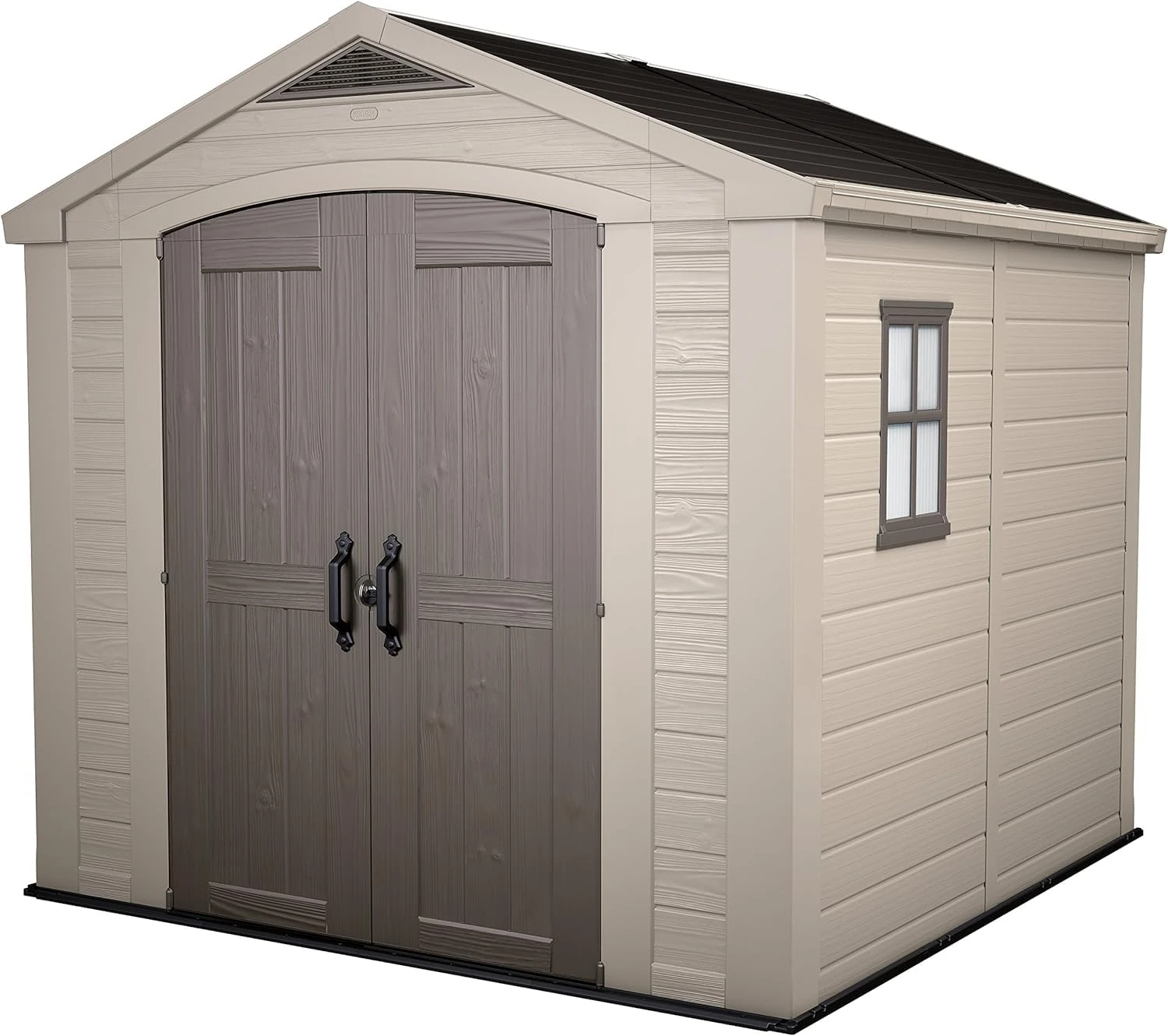 Keter, Factor Outdoor Plastic Garden Storage Shed, elegant wood-effect exterior with double doors and ventilation grills, heavy-duty floor with window and skylight, 255 x 256.5 x 243 cm, Beige