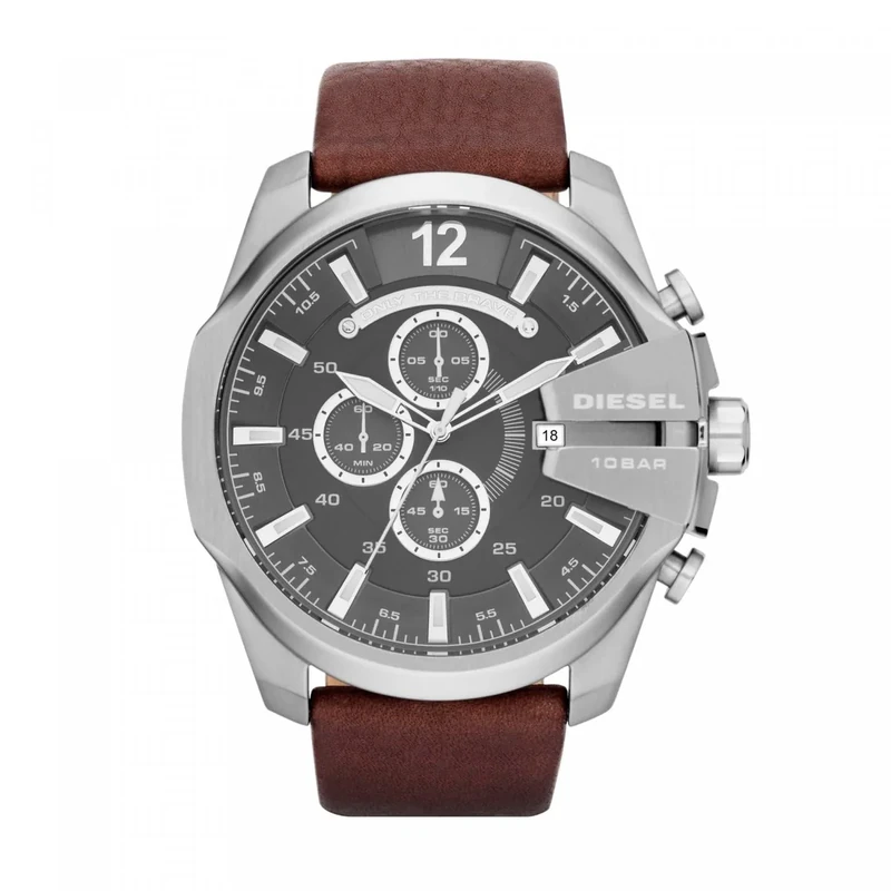 Diesel Watch for Men Mega Chief, Chronograph Movement, 59 mm Silver / Steel Stainless Steel Case with a Leather Strap, DZ4290