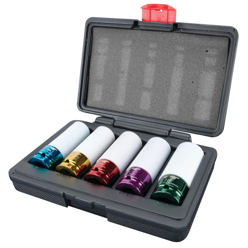 Performance Tool W32902 5pc 1/5-Inch Drive Metric& SAE Impact Socket Tool Set, 17, 19, 21mm & 13/16-Inch, 7/8-Inch, Non-Marring Protective Wheel Lug Nut Impact Socket Set