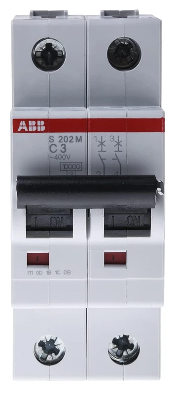 ABB S202M-C3 Miniature Circuit Breaker, 2 Pole, Type C, 10/15kA Breaking Capacity, 3 Amp Current (2CDS272001R0034)