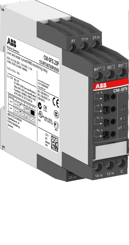 ABB CM-SFS.22S Single Phase Current Monitoring Relay 2c/o, B-C=0.3-15A RMS, 24-240V AC/DC (ABB1SVR730760R0500)