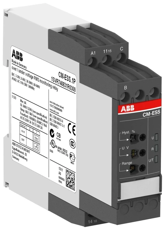 ABB CM-ESS.1S Single Phase Voltage Monitoring Relay 1c/o, B-C=3-600VRMS, 24-240V AC/DC (ABB1SVR730830R0300)