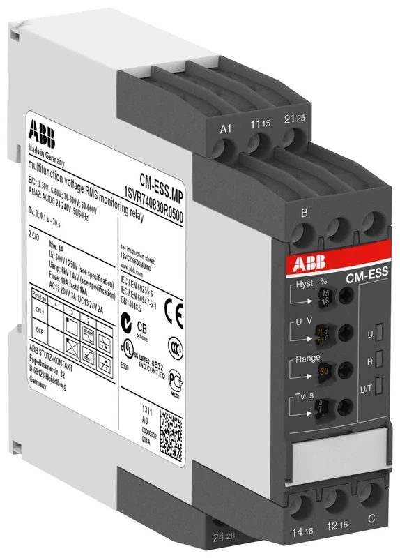 ABB CM-ESS.MS Single Phase Voltage Monitoring Relay 2c/o, B-C=3-600VRMS, 24-240V AC/DC (ABB1SVR730830R0500)