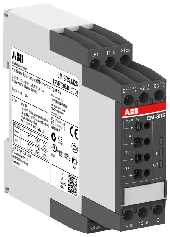 ABB CM-SRS.M2S Single Phase Current Monitoring Relay 2c/o, B-C=0.3-15A RMS, 24-240V AC/DC (ABB1SVR730840R0700)