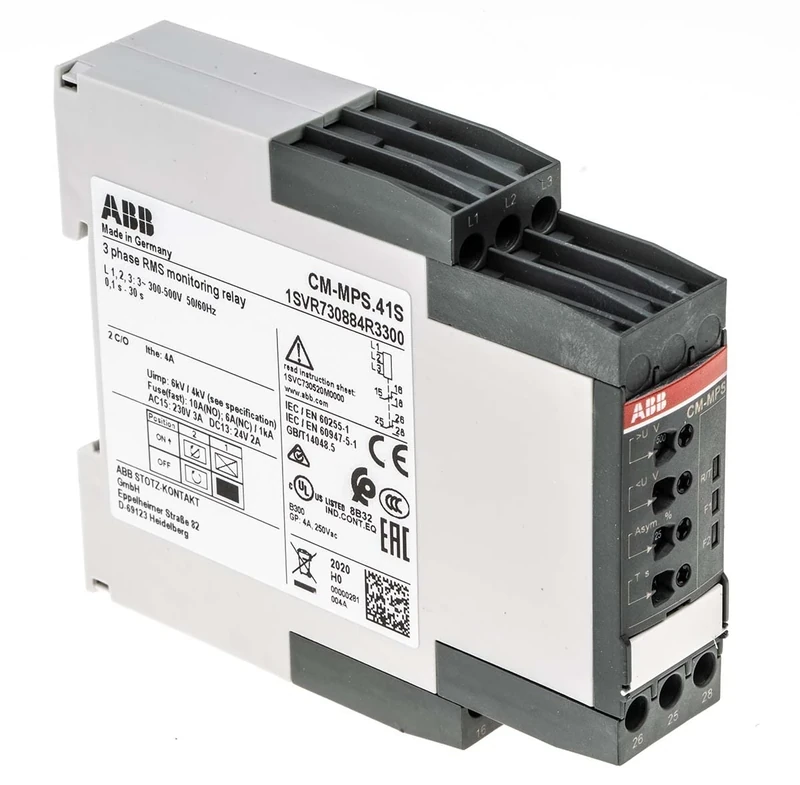 ABB CM-MPS.41S 3 Phase Monitoring Relay 2c/o, 0,0.1-30s, L1-L2-L3=3x300-500V AC (ABB1SVR730884R3300)