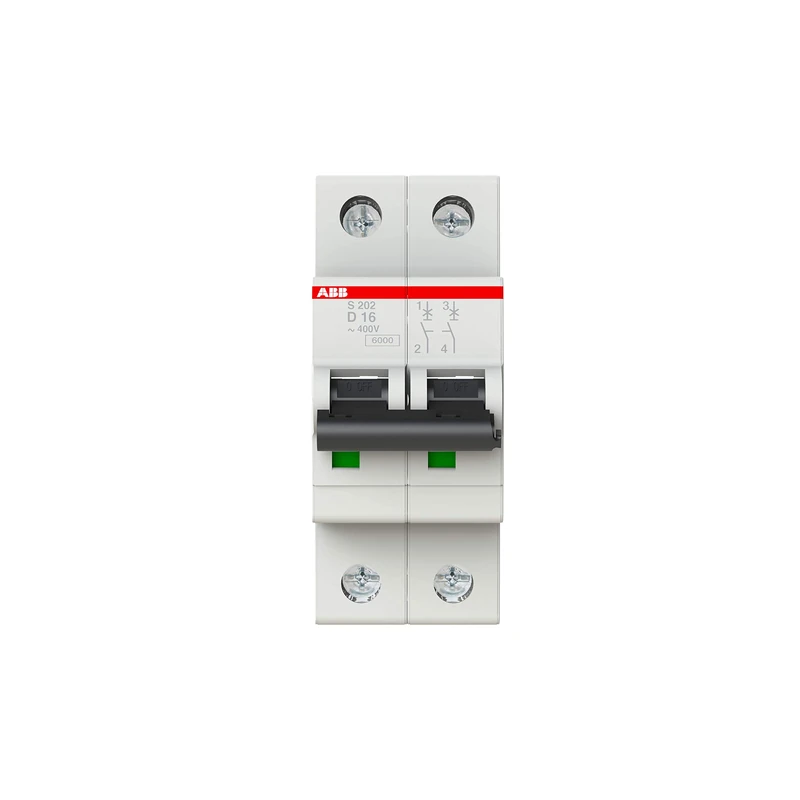 ABB S202-D16 Miniature Circuit Breaker, 2 Pole, Type D, 6/10kA Breaking Capacity, 16 Amp Current (2CDS252001R0161)