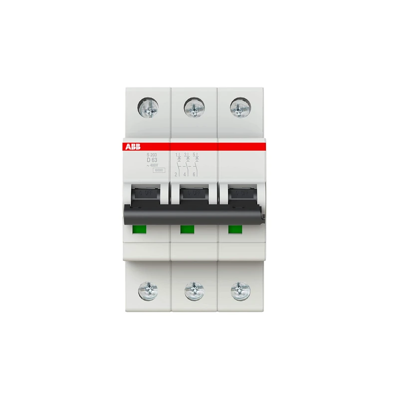 ABB S203-D63 Miniature Circuit Breaker, 3 Pole, Type D, 6/10kA Breaking Capacity, 63 Amp Current (2CDS253001R0631)
