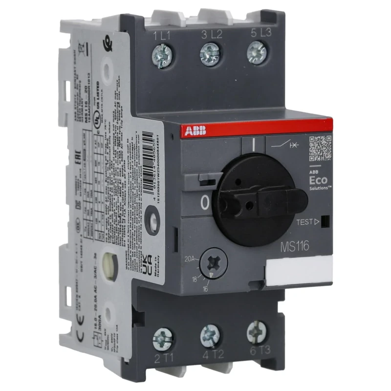 ABB MS116-20 Manual Motor Starter, 45mm width, 3 Pole, 690 V, 50-60Hz (ABB1SAM250000R1013)