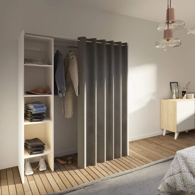 Symbiosis Tom Bedroom Closet with Gray Curtain Mice, White, 123 x 50 x 182 cm