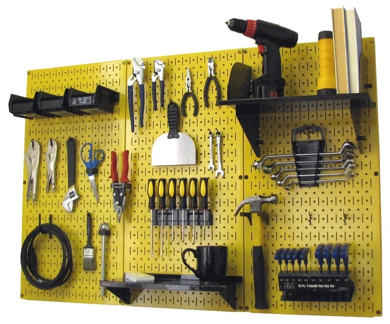 Wall Control 4 ft Metal Pegboard Standard Tool Storage Kit with Yellow Toolboard and Black Accessories