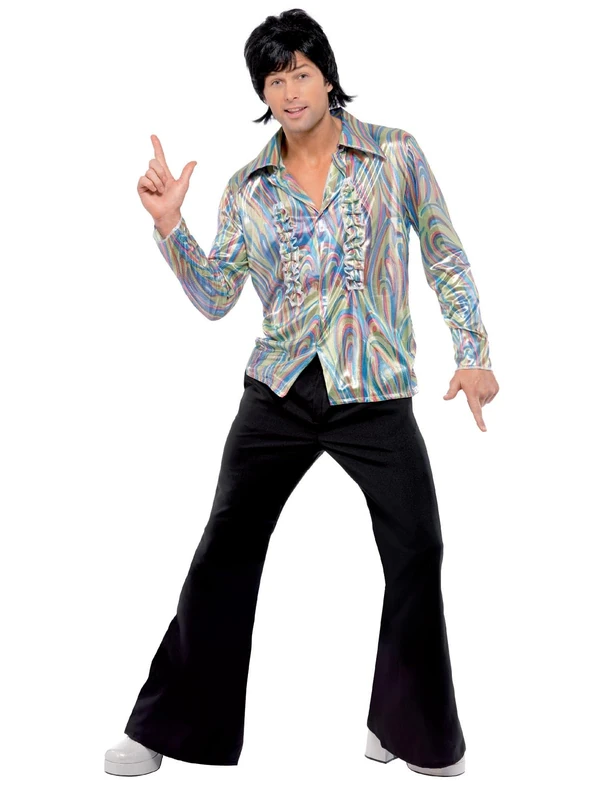 Smiffys 70s Retro Costume - Black Psychedelic Shirt and Flares