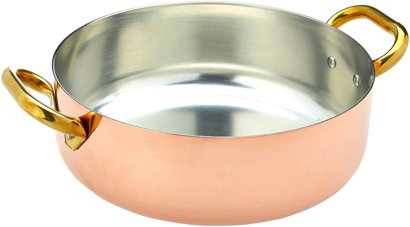 Pentole Agnelli ALCU10628 Low Copper Casserole with 2 Brass Handles, Hand-Tinned Smooth Copper, 28 cm