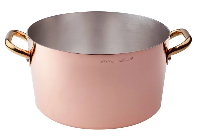 Pentole Agnelli ALCU10422 High Casserole, Hand-Tinned Smooth Copper, with Two Brass Handles, 22 cm