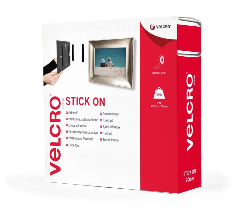 VELCRO® Brand | Stick On Tape | Cut-to-Length Strong Hook & Loop Self Adhesive Sticky Tape Perfect for Room Décor & Home, Office, Garage Use | Black | 20mm x 25m