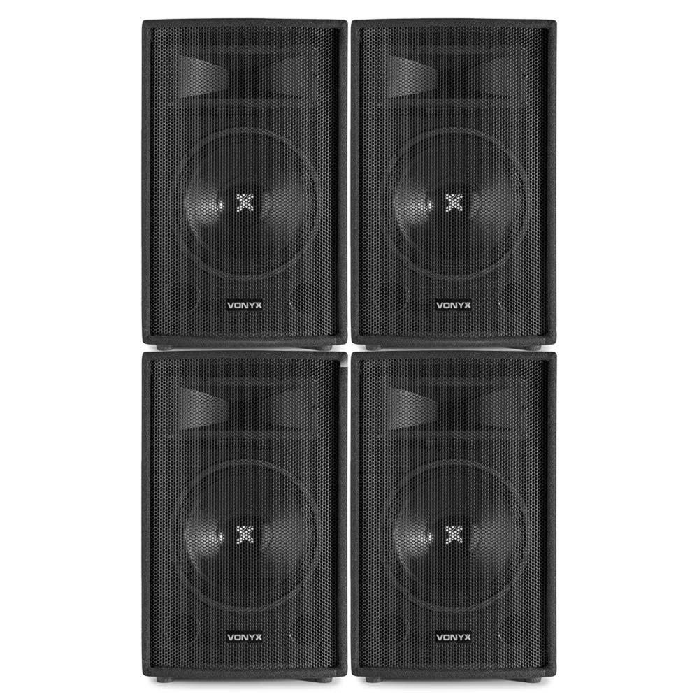 VONYX SL12 12" Passive PA DJ Speaker Set of 4, 2-Way Bass Reflex, 2400W System, 8 Ohm, Piezo Tweeter, Carpeted Cabinet, Pro Audio Solution for Events, Bands, Venues
