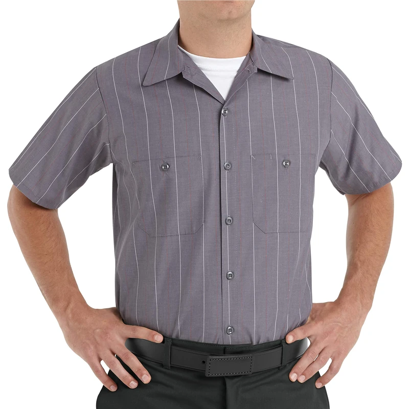 Red Kap Men's Industrial Work Shirt with Pencil Stall, Regular Fit, Short Sleeve Button, Charcoal/Red/White Stripe, XL