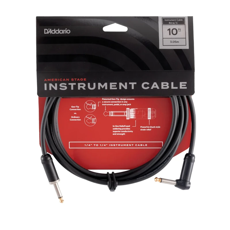 Planet Waves D'Addario Guitar Cable - Guitar Lead - Geo Tip for Secure Connection - 10 Feet/3.05 Meters - Straight End/Right Angle - 1 Pack