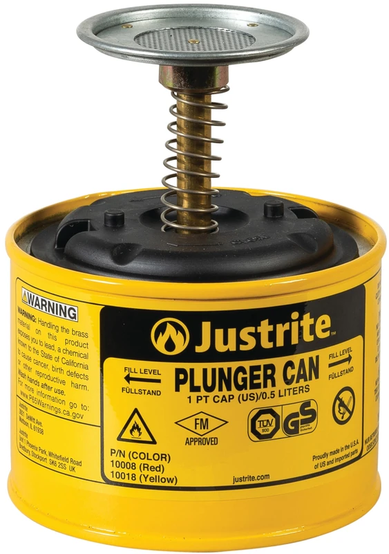 Justrite, 10018, Plunger Can, 1 Pt., Steel, Yellow