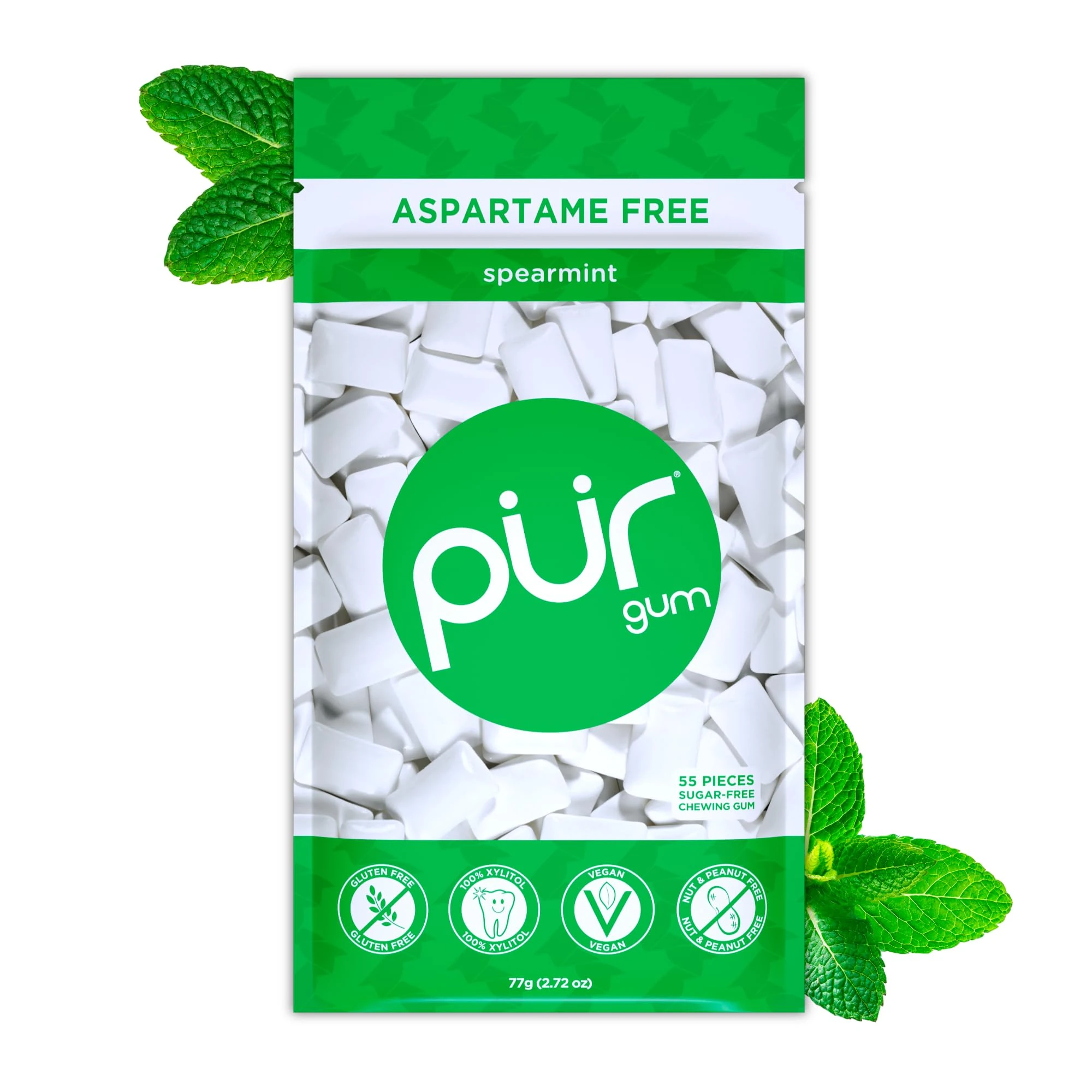 PUR Gum | Sugar Free Chewing Gum | Made with Xylitol | Vegan, Aspartame Free, Gluten Free & Keto Friendly | Natural Spearmint Flavoured Gum, 55 Pieces (Pack of 1)