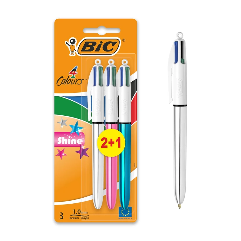 BIC Pens Multicolour 4 Colours Shine - Assorted Metallic Barrel Retractable Ballpoint Pens - Pack of 3