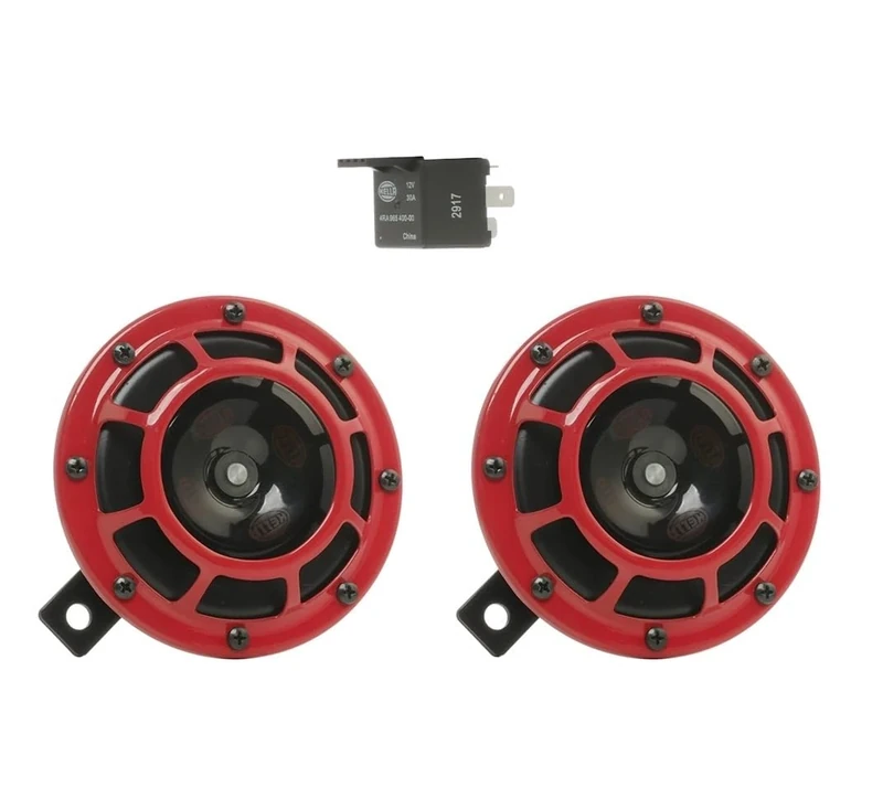 HELLA Horn B133 Set - 2 Pieces - 12V - 118dB(A) - 300 / 500Hz - Low Tone / High Tone - Electric - Red / Black - Flat Connector incl. Relay - 3AG 003 399-801
